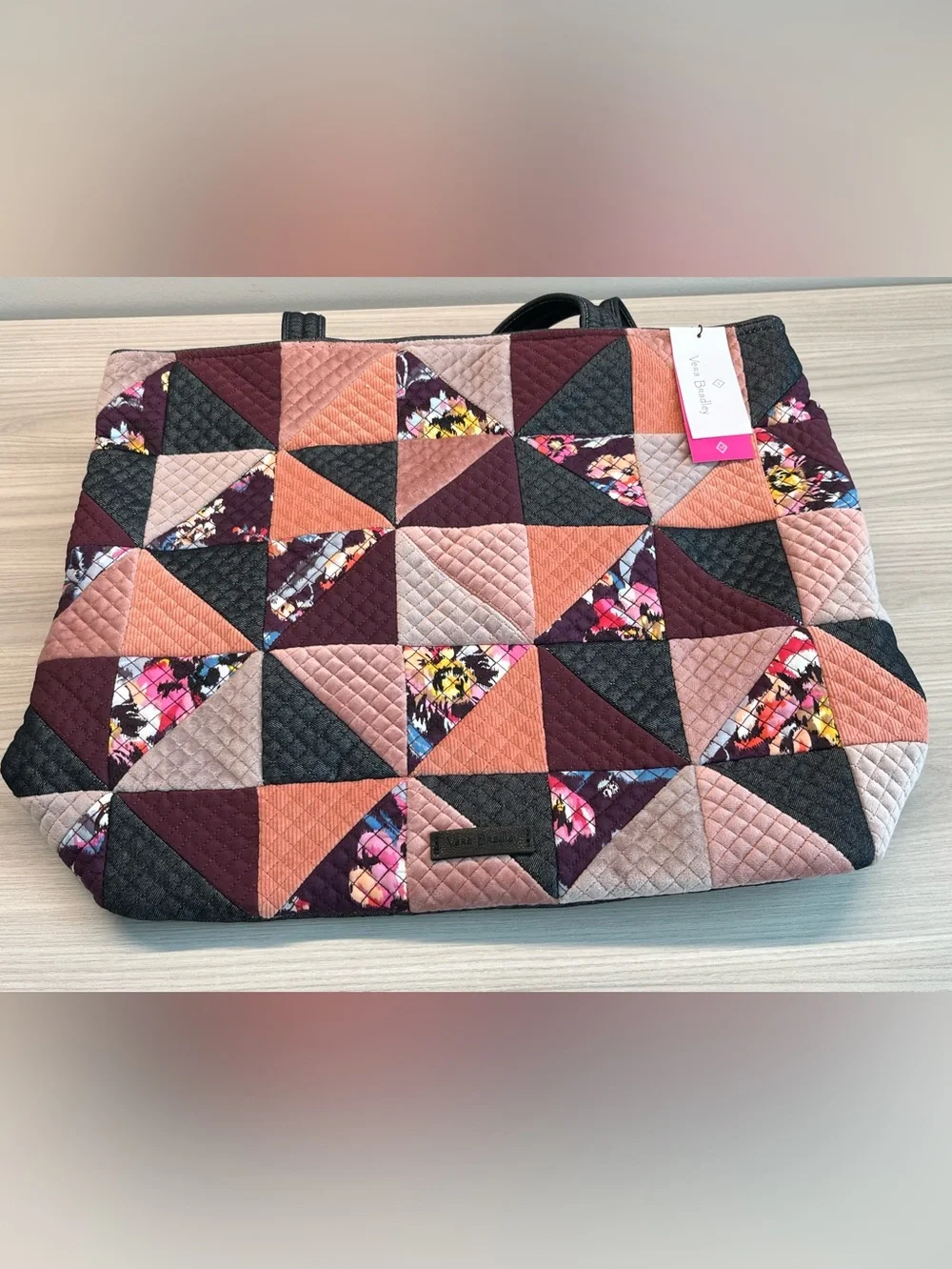 Vera Bradley Iconic Vera Tote Denim Patchwork Quilted Zip Top Bag